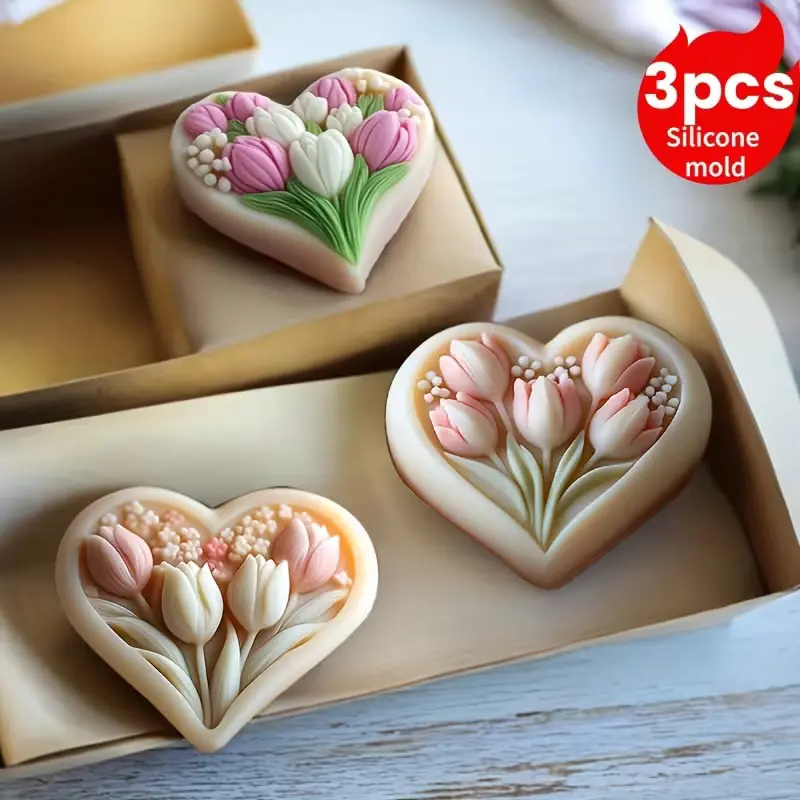 set 3 matrite din silicon pentru lumanari inimi lalele