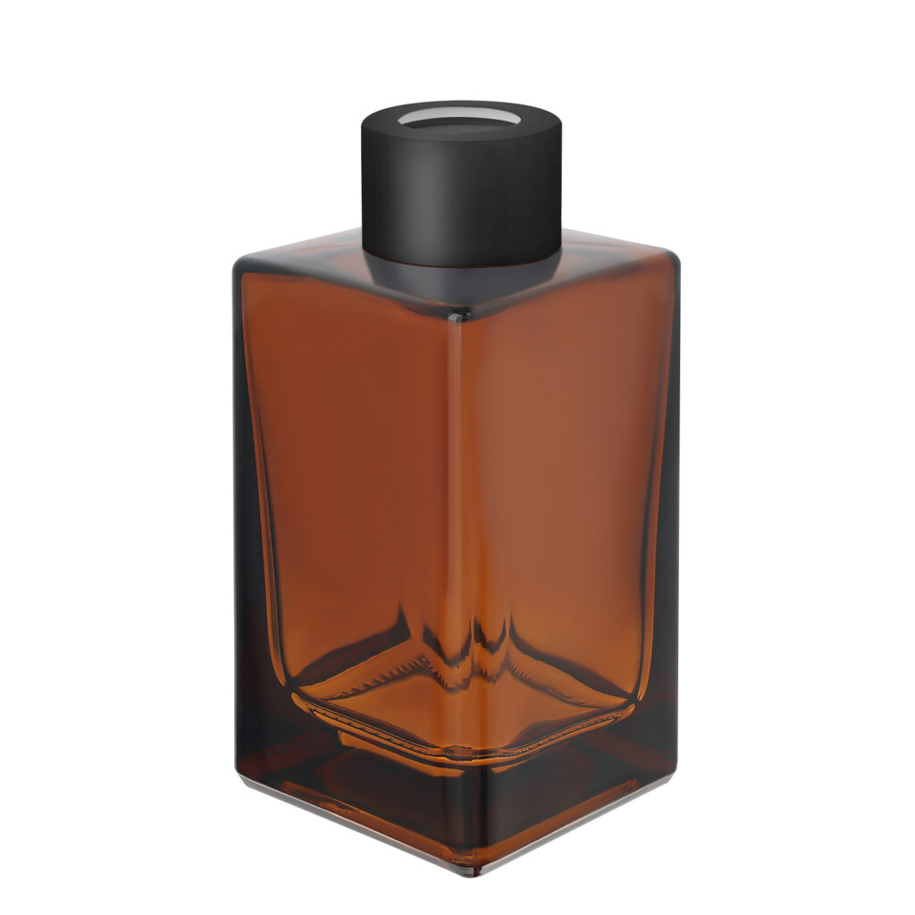 sticla patrata ambra pentru difuzor de parfum, capac negru lucios, 120 ml