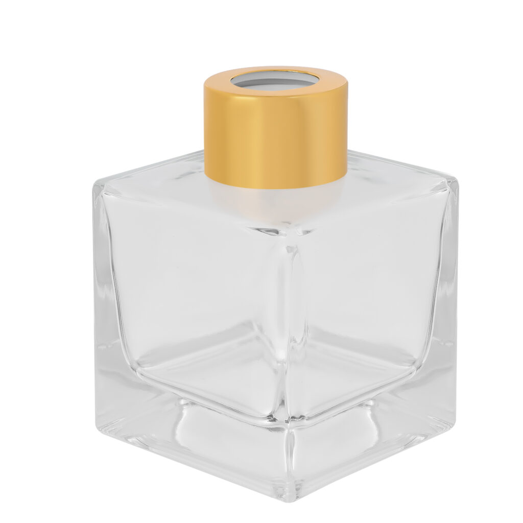 sticla patrata transparenta pentru difuzor de parfum, capac auriu lucios, 100 ml