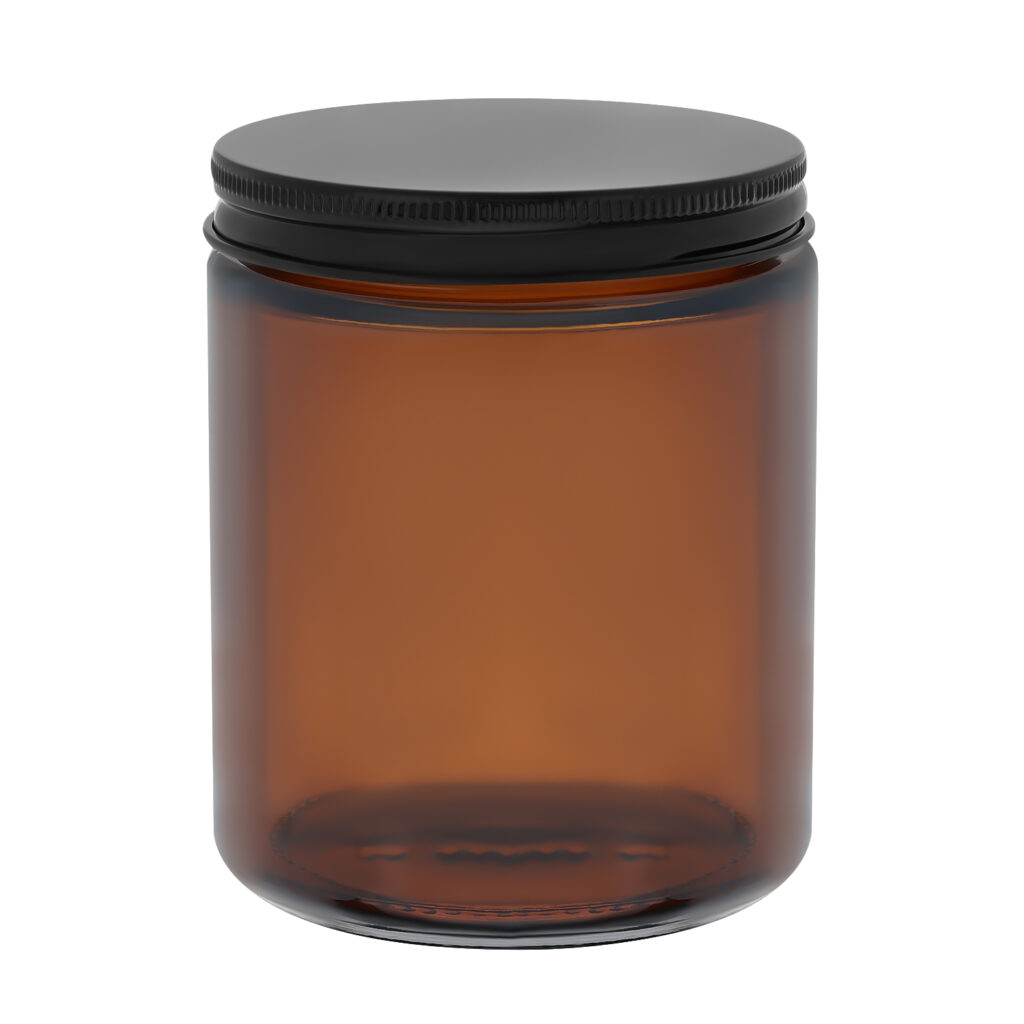 recipient, borcan din sticla ambra, capac metalic negru, 250ml