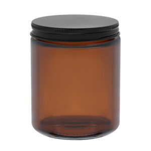 recipient, borcan din sticla ambra, capac metalic negru, 250ml