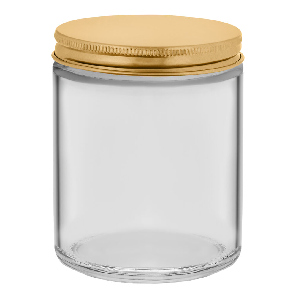 recipient, borcan din sticla transparent, capac metalic auriu, 250ml