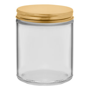 recipient, borcan din sticla transparent, capac metalic auriu, 250ml